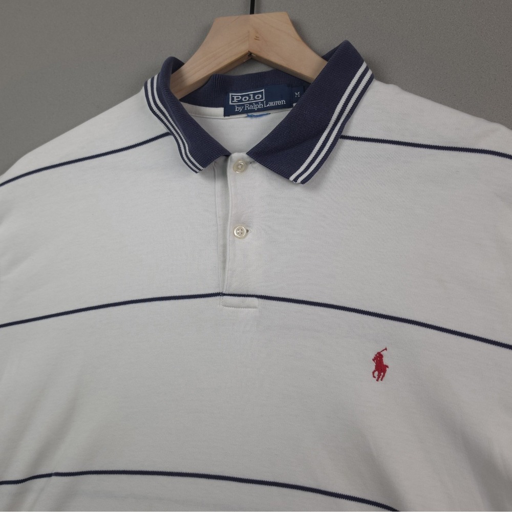 Vintage Polo Ralph Lauren Striped Polo Shirt Mens M White Navy Red Pony Preppy